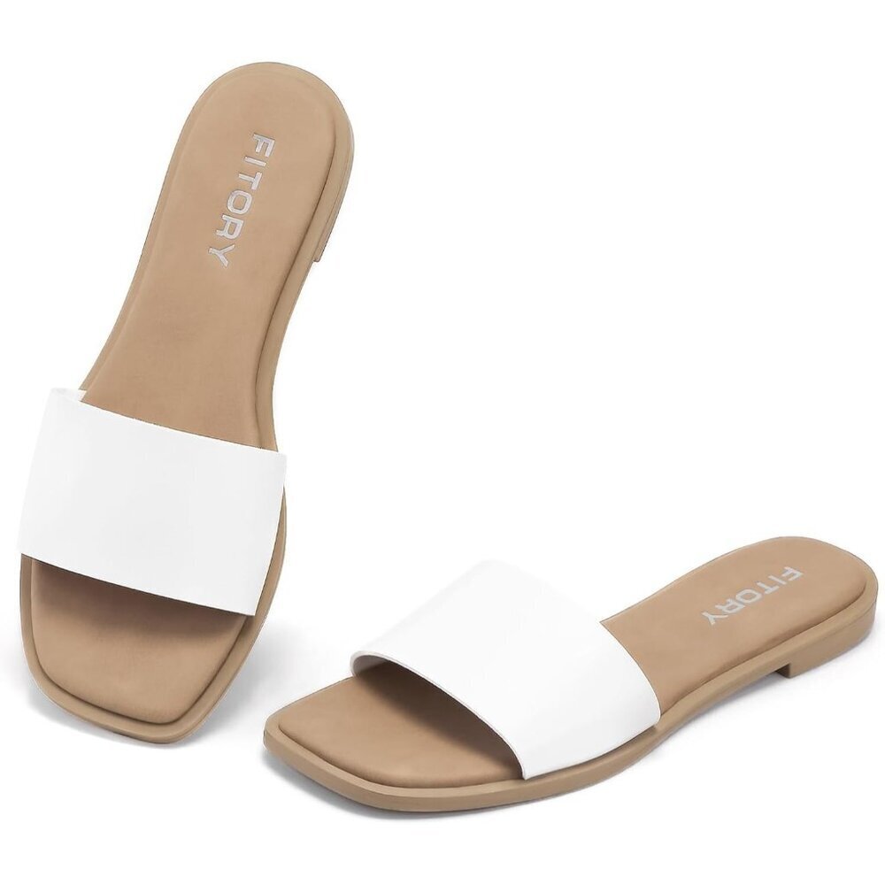 Women's White Single Strap Cushioned Footbed Open Toe Slide Sandals Slippers
